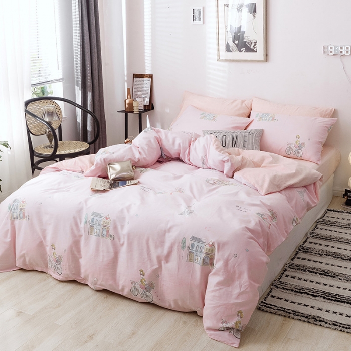 91家纺网 家纺一手货源 找家纺 沐棉2019新款13370小卡通小清新四件套床单款 美好时光