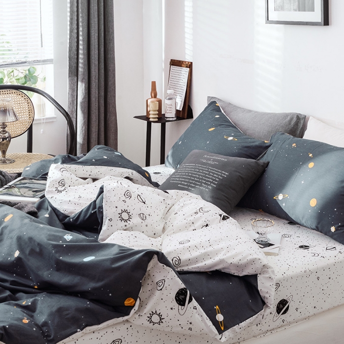 91家纺网 家纺一手货源 找家纺 沐棉 2019新款13370小卡通小清新四件套床单款 小宇宙