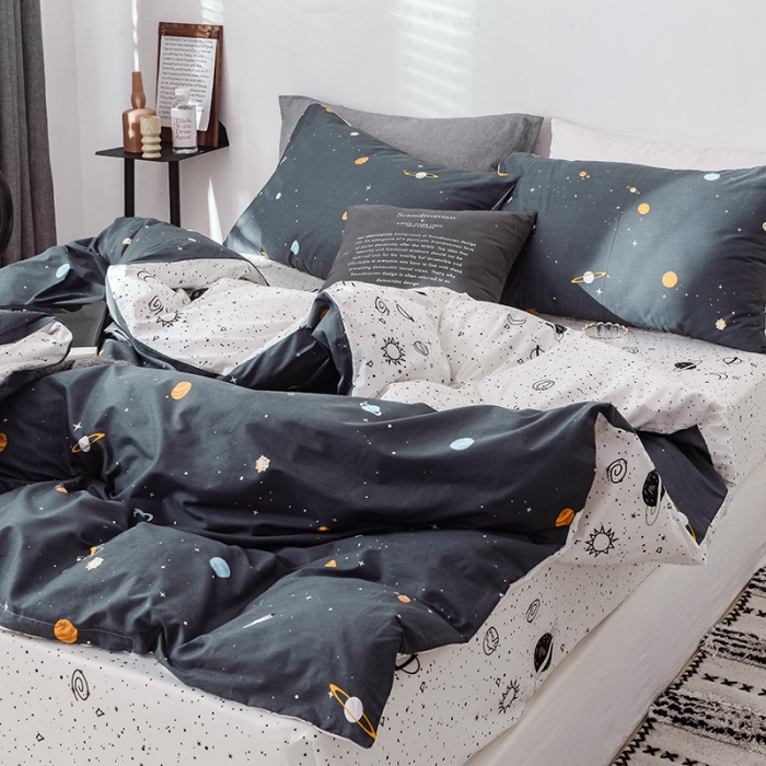 91家纺网 家纺一手货源 找家纺 沐棉 2019新款13370小卡通小清新四件套床单款 小宇宙