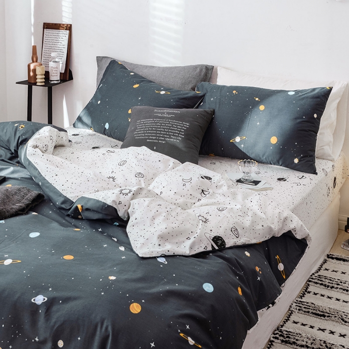 91家纺网 家纺一手货源 找家纺 沐棉 2019新款13370小卡通小清新四件套床单款 小宇宙