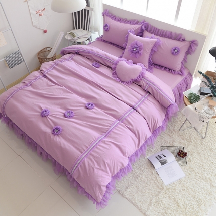 玉儿纺 韩版全棉田园公主风床裙款四件套醉爱（两色）紫色
