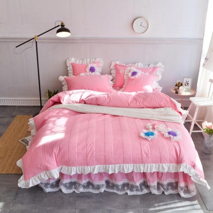 玉儿纺 2018全棉绗缝系列四件套床裙款-花仙子 粉红色