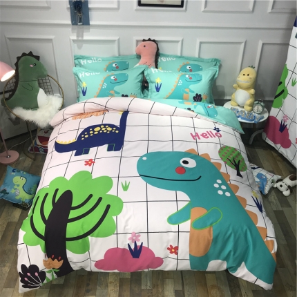 91家纺网 家纺一手货源 找家纺 卧趣家纺 2019全棉卡通生态磨毛四件套 恐龙森林白