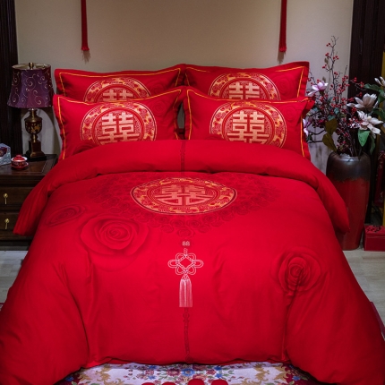 91家纺网 家纺一手货源 找家纺 （总）卧趣2020新款全棉大版磨毛纯棉婚庆大红生态磨毛四件套