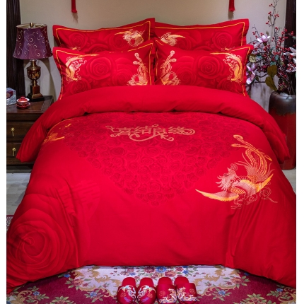 91家纺网 家纺一手货源 找家纺 （总）卧趣2020新款全棉大版磨毛纯棉婚庆大红生态磨毛四件套