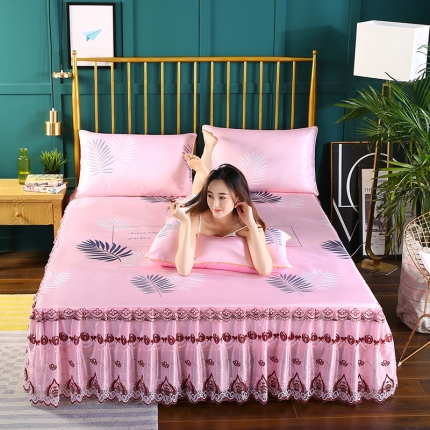 91家纺网 家纺一手货源 找家纺 情恒家纺 2019冰丝单床裙 叶之舞-粉