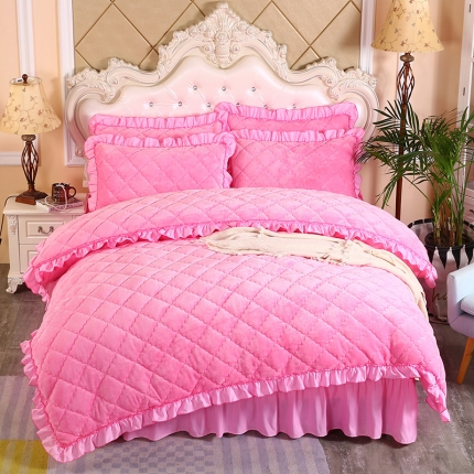 91家纺网 家纺一手货源 找家纺 情恒家纺 2025新款法莱绒夹棉四件套 粉红