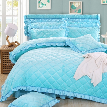 91家纺网 家纺一手货源 找家纺 情恒家纺 2025新款法莱绒夹棉四件套 湖蓝