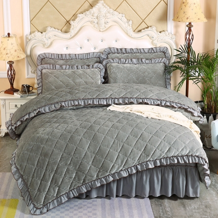 91家纺网 家纺一手货源 找家纺 情恒家纺 2025新款法莱绒夹棉四件套 银灰