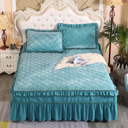 91家纺网 家纺一手货源 找家纺 情恒家纺 2020新款法莱绒夹棉床裙 橄榄绿