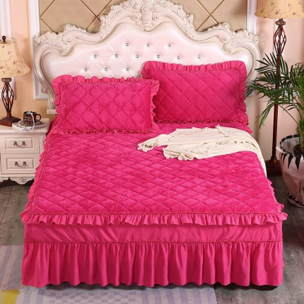 91家纺网 家纺一手货源 找家纺 情恒家纺 2020新款法莱绒夹棉床裙 玫红