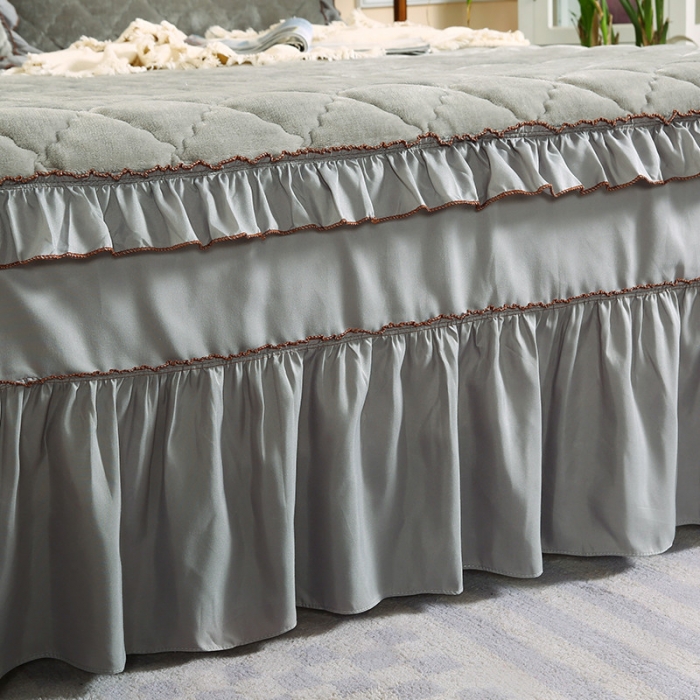 91家纺网 家纺一手货源 找家纺 情恒家纺 2020新款法莱绒夹棉床裙 银灰