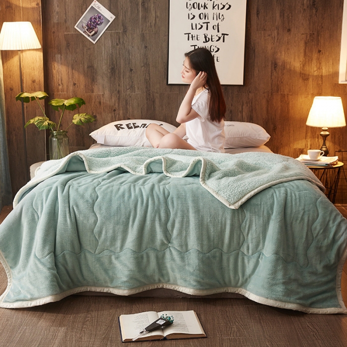 91家纺网 家纺一手货源 找家纺 温宁家纺 三层夹棉法莱绒+羊羔绒夹棉毛毯 抹茶绿