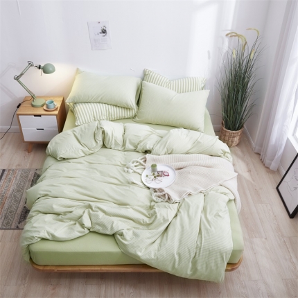彩棉坊 针织棉系列四件套床单款 绿棉细条