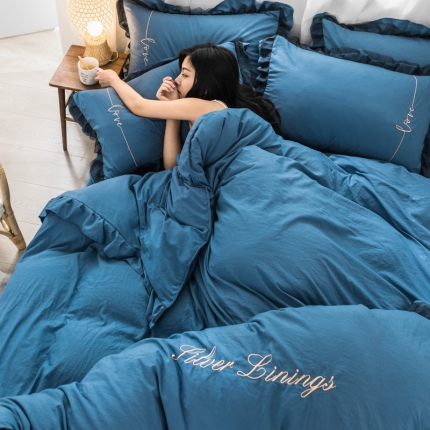 91家纺网 家纺一手货源 找家纺 AB家纺 2019新款水洗棉蕾丝边四件套 宝蓝