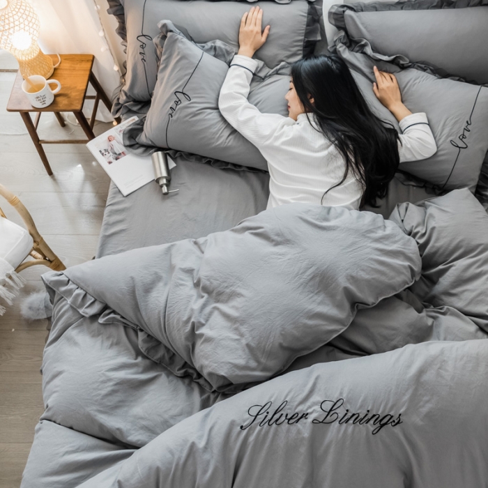 91家纺网 家纺一手货源 找家纺 AB家纺 2019新款水洗棉蕾丝边四件套 中灰