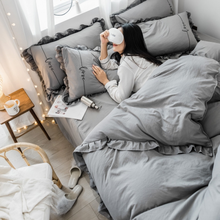 91家纺网 家纺一手货源 找家纺 AB家纺 2019新款水洗棉蕾丝边四件套 中灰