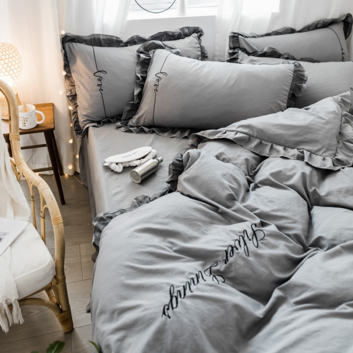 91家纺网 家纺一手货源 找家纺 AB家纺 2019新款水洗棉蕾丝边四件套 中灰