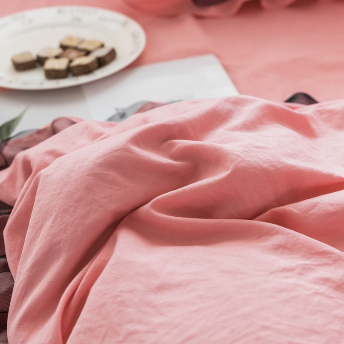 91家纺网 家纺一手货源 找家纺 AB家纺 2019新款水洗棉蕾丝边四件套 粉色