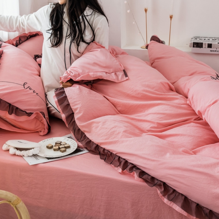 91家纺网 家纺一手货源 找家纺 AB家纺 2019新款水洗棉蕾丝边四件套 粉色