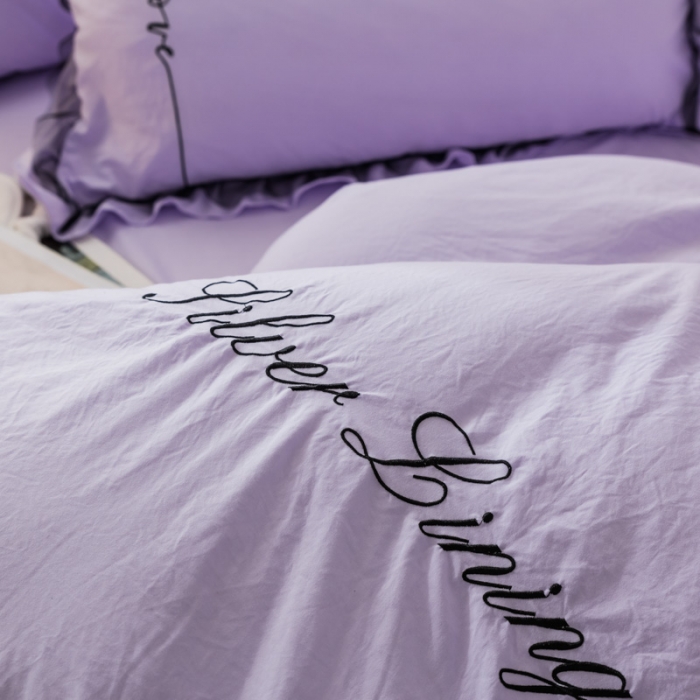 91家纺网 家纺一手货源 找家纺 AB家纺 2019新款水洗棉蕾丝边四件套 裸紫