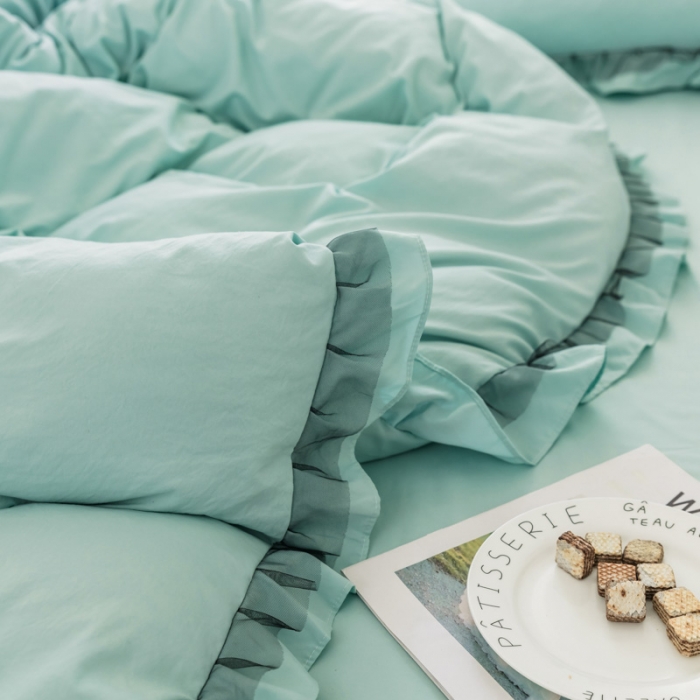 91家纺网 家纺一手货源 找家纺 AB家纺 2019新款水洗棉蕾丝边四件套 薄荷