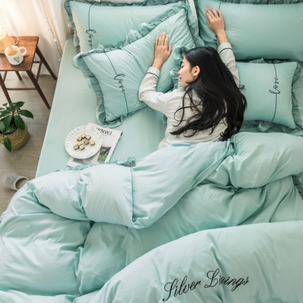 AB家纺 2019新款水洗棉蕾丝边四件套 薄荷