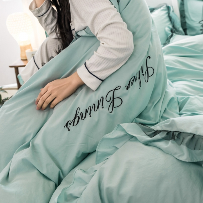 91家纺网 家纺一手货源 找家纺 AB家纺 2019新款水洗棉蕾丝边四件套 薄荷