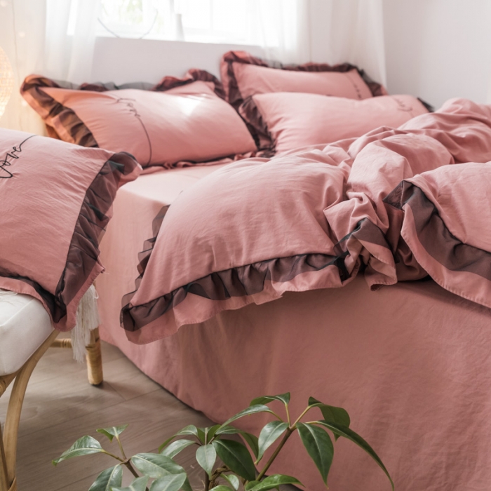 91家纺网 家纺一手货源 找家纺 AB家纺 2019新款水洗棉蕾丝边四件套 藕粉