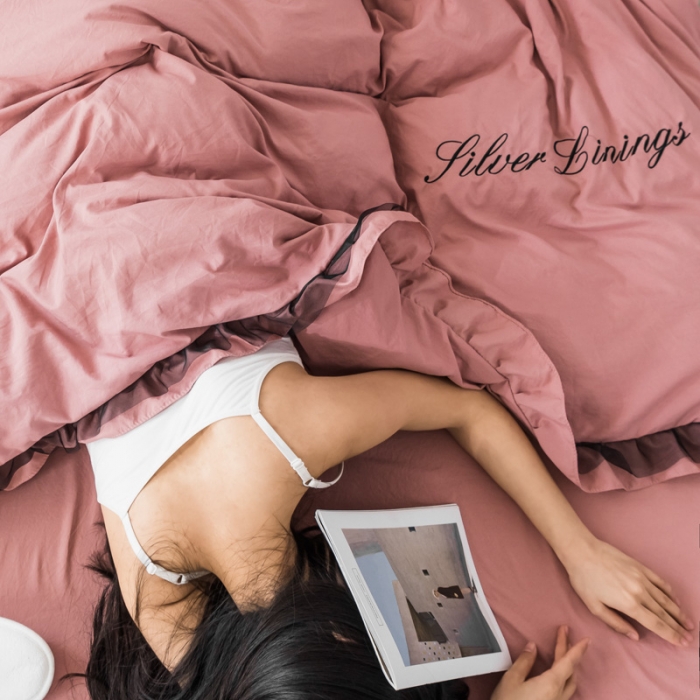 91家纺网 家纺一手货源 找家纺 AB家纺 2019新款水洗棉蕾丝边四件套 藕粉