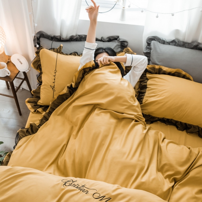 91家纺网 家纺一手货源 找家纺 AB家纺 2019新款水洗棉蕾丝边四件套 姜黄