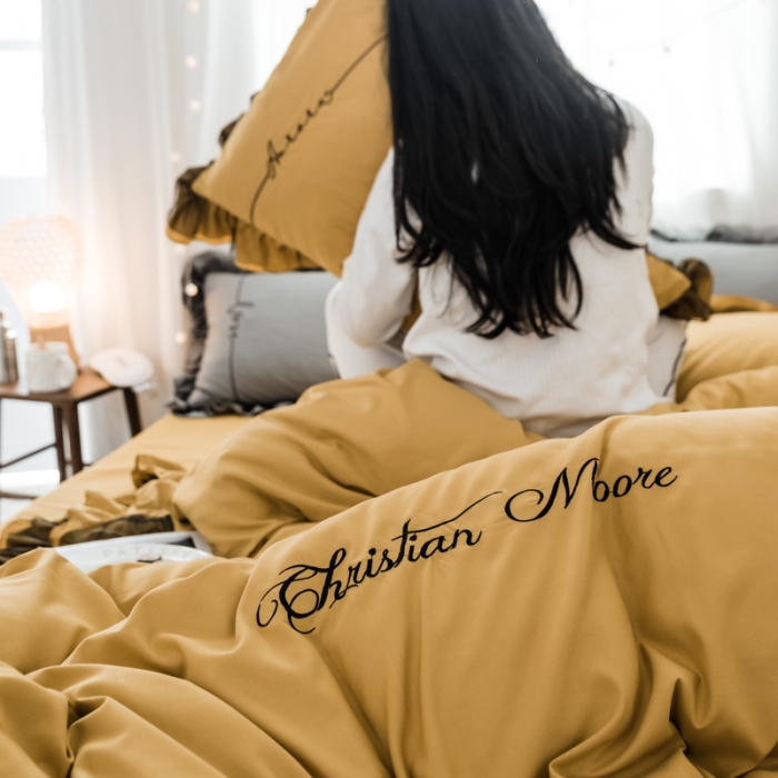 91家纺网 家纺一手货源 找家纺 AB家纺 2019新款水洗棉蕾丝边四件套 姜黄