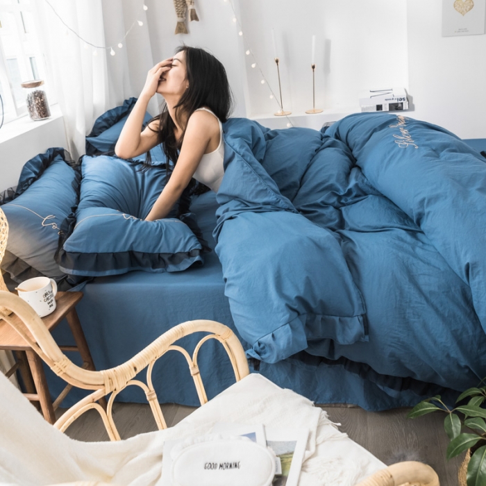 91家纺网 家纺一手货源 找家纺 AB家纺 2019新款水洗棉蕾丝边四件套 宝蓝