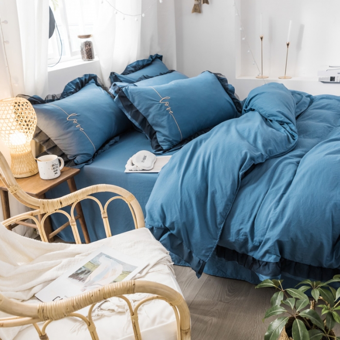 91家纺网 家纺一手货源 找家纺 AB家纺 2019新款水洗棉蕾丝边四件套 宝蓝