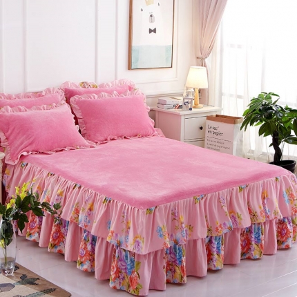 91家纺网 家纺一手货源 找家纺 铠畅 2019韩版法莱绒床裙单床裙 镜花水月