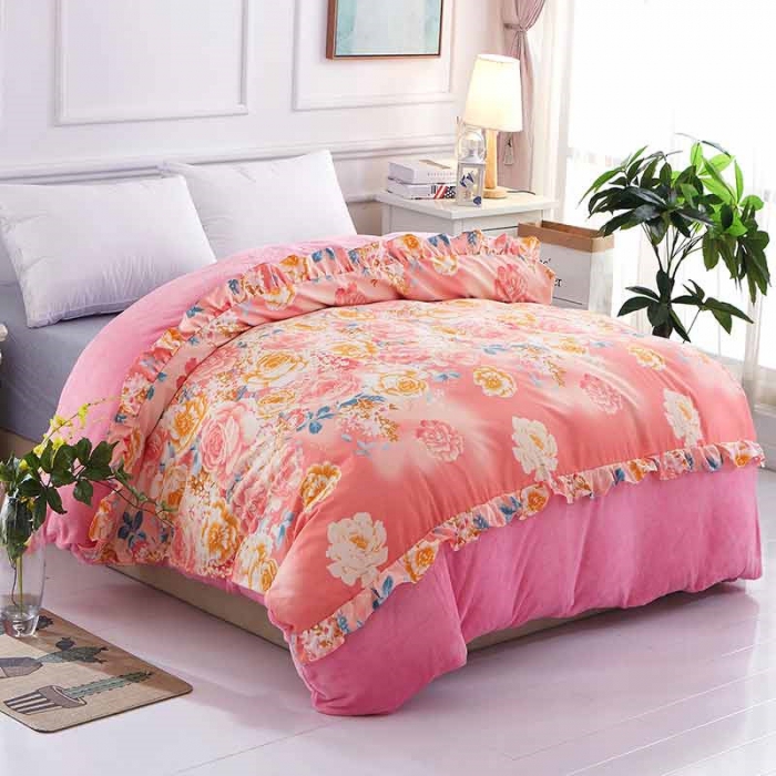 91家纺网 家纺一手货源 找家纺 铠畅 2019韩版法莱绒床裙单被套 闭月羞花