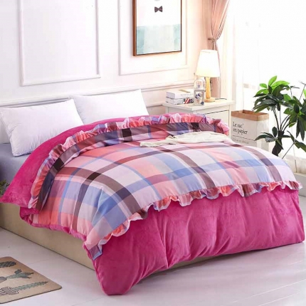 铠畅 2019韩版法莱绒床裙单被套 玫红格子