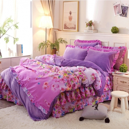 91家纺网 家纺一手货源 找家纺 铠畅 2019韩版法莱绒床裙四件套 爱的花海