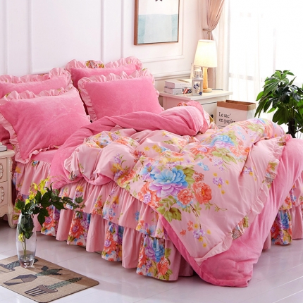 91家纺网 家纺一手货源 找家纺 铠畅 2019韩版法莱绒床裙四件套 镜花水月