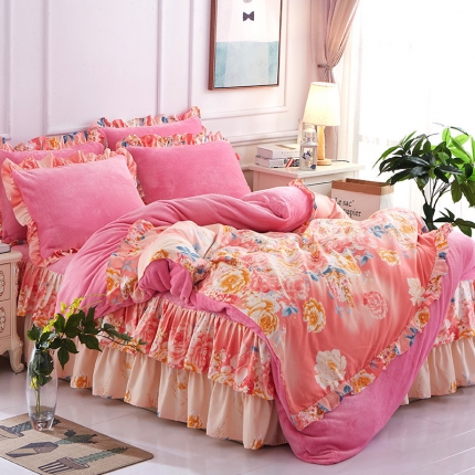 91家纺网 家纺一手货源 找家纺 铠畅 2019韩版法莱绒床裙四件套 闭月羞花