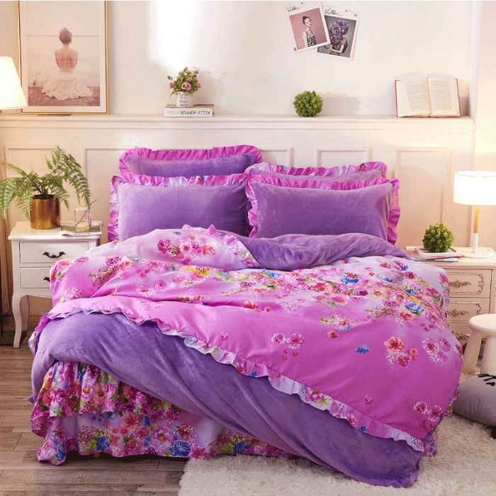 91家纺网 家纺一手货源 找家纺 铠畅 2019韩版法莱绒床裙四件套 爱的花海