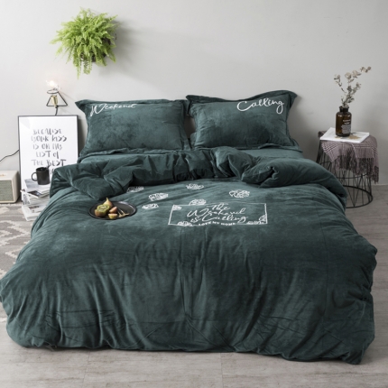铂庭家纺 宝宝绒刺绣创意套件床单款 挪威森林墨绿