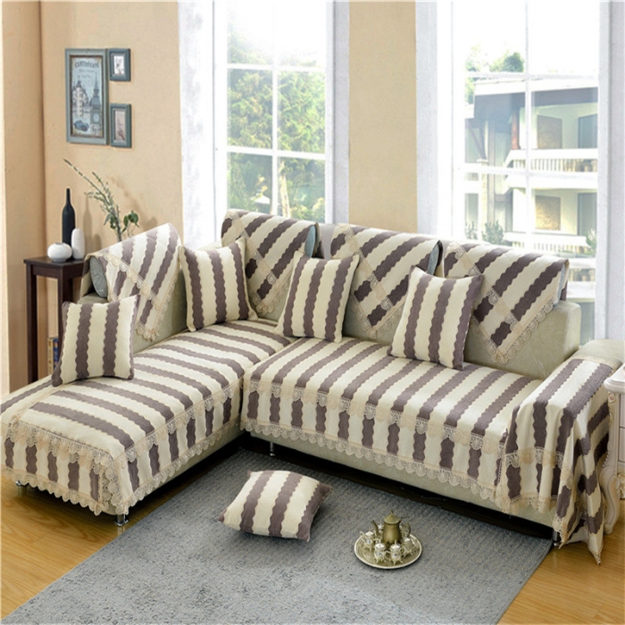 91家纺网 家纺一手货源 找家纺 启博家纺 2022防滑提花全盖雪尼尔沙发巾沙发垫沙发套沙发罩素菲-咖啡条