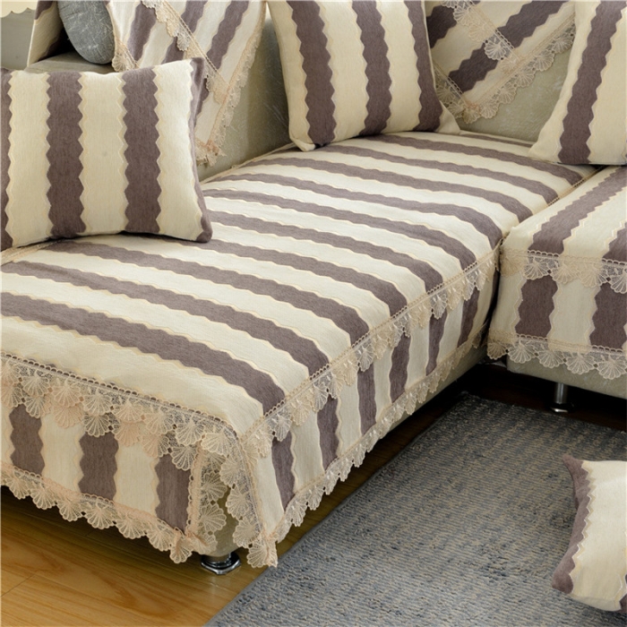 91家纺网 家纺一手货源 找家纺 启博家纺 2022防滑提花全盖雪尼尔沙发巾沙发垫沙发套沙发罩素菲-咖啡条
