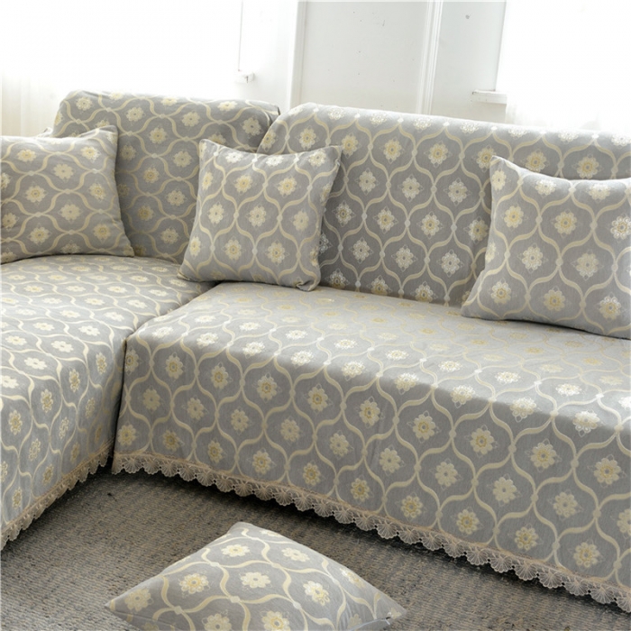 91家纺网 家纺一手货源 找家纺 启博家纺 2022加厚提花全盖雪尼尔沙发巾沙发垫沙发套沙发罩 蕉叶纹-银灰