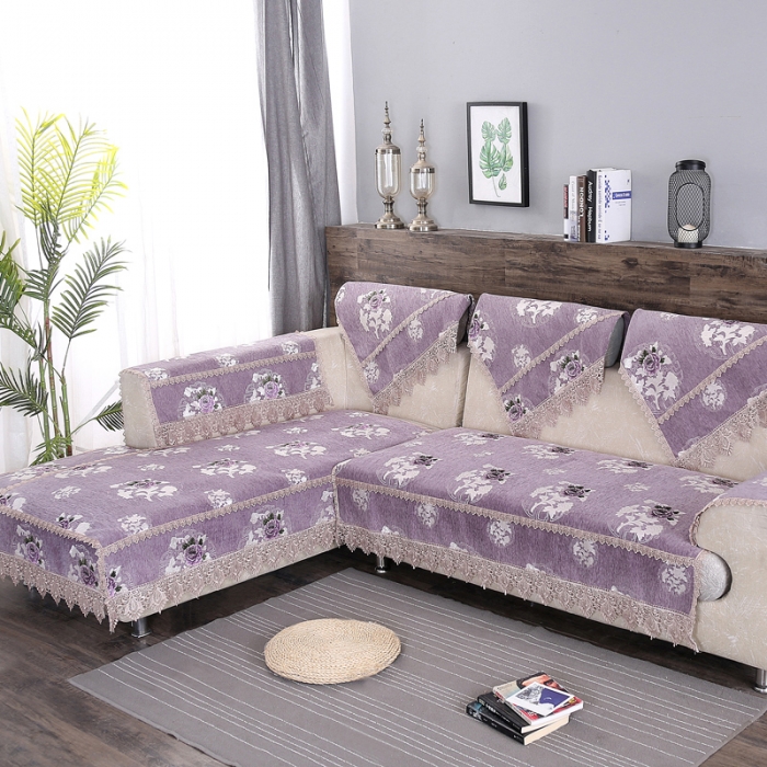 91家纺网 家纺一手货源 找家纺 启博家纺 2022防滑提花全盖雪尼尔沙发巾沙发垫沙发套沙发罩 紫妍