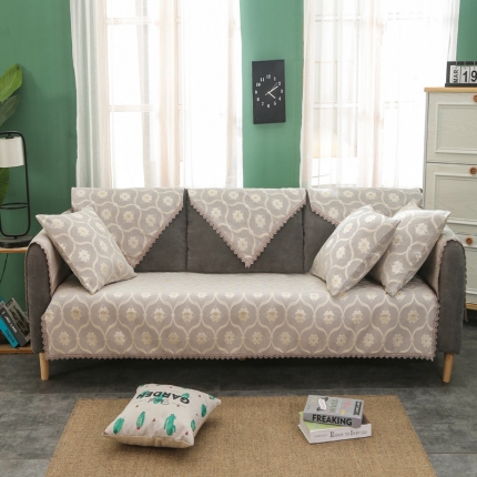 91家纺网 家纺一手货源 找家纺 启博家纺 2022全盖雪尼尔沙发巾沙发垫沙发套沙发罩 焦叶纹-银灰