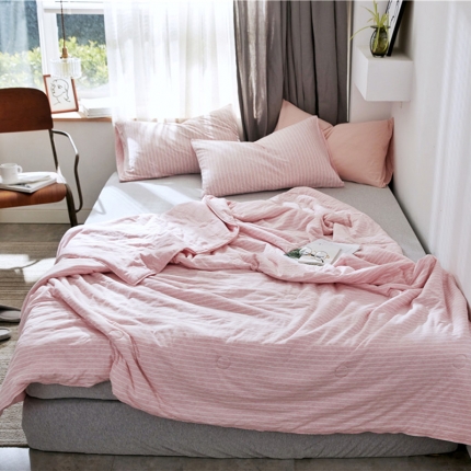 寐眠 2021新款纯色条纹针织棉夏被 蜜粉细条