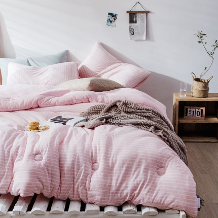 91家纺网 家纺一手货源 找家纺 寐眠 2021新款天竺棉针织棉春秋被冬被 蜜粉细条2