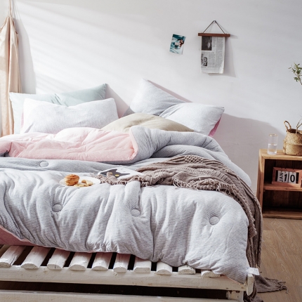 寐眠 2021新款天竺棉针织棉春秋被冬被 粉灰细条2